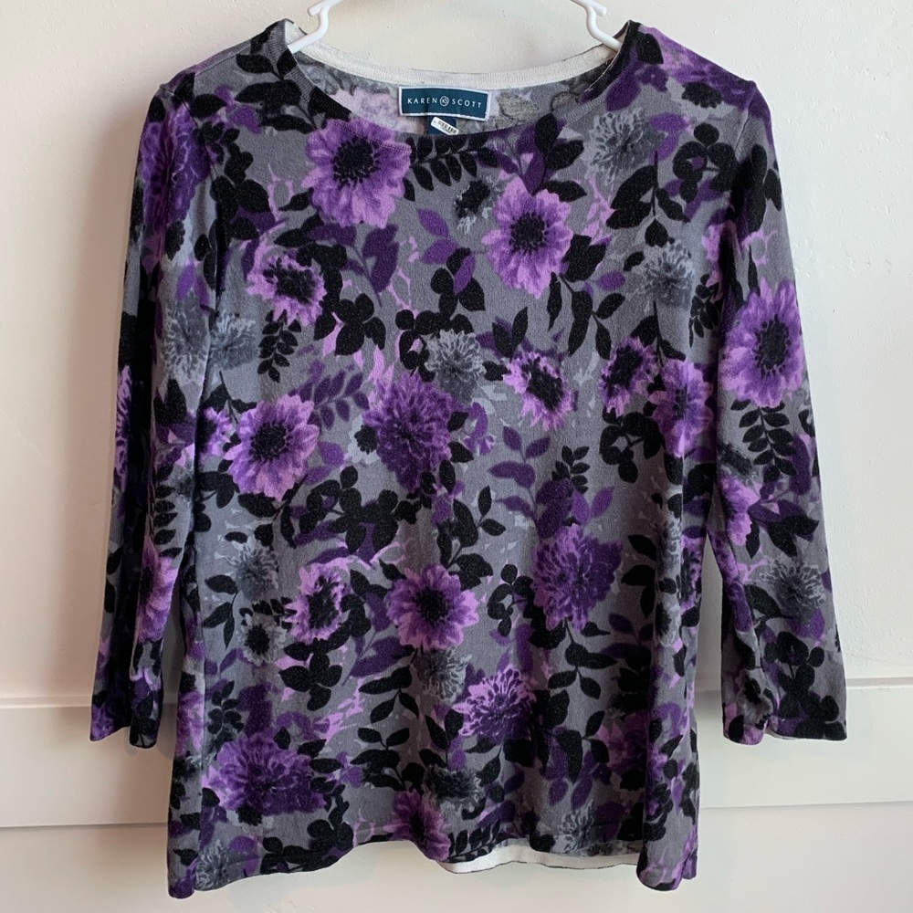 Karen Scott Purple Gray and Black Floral Printed Quarter Sleeve Shirt